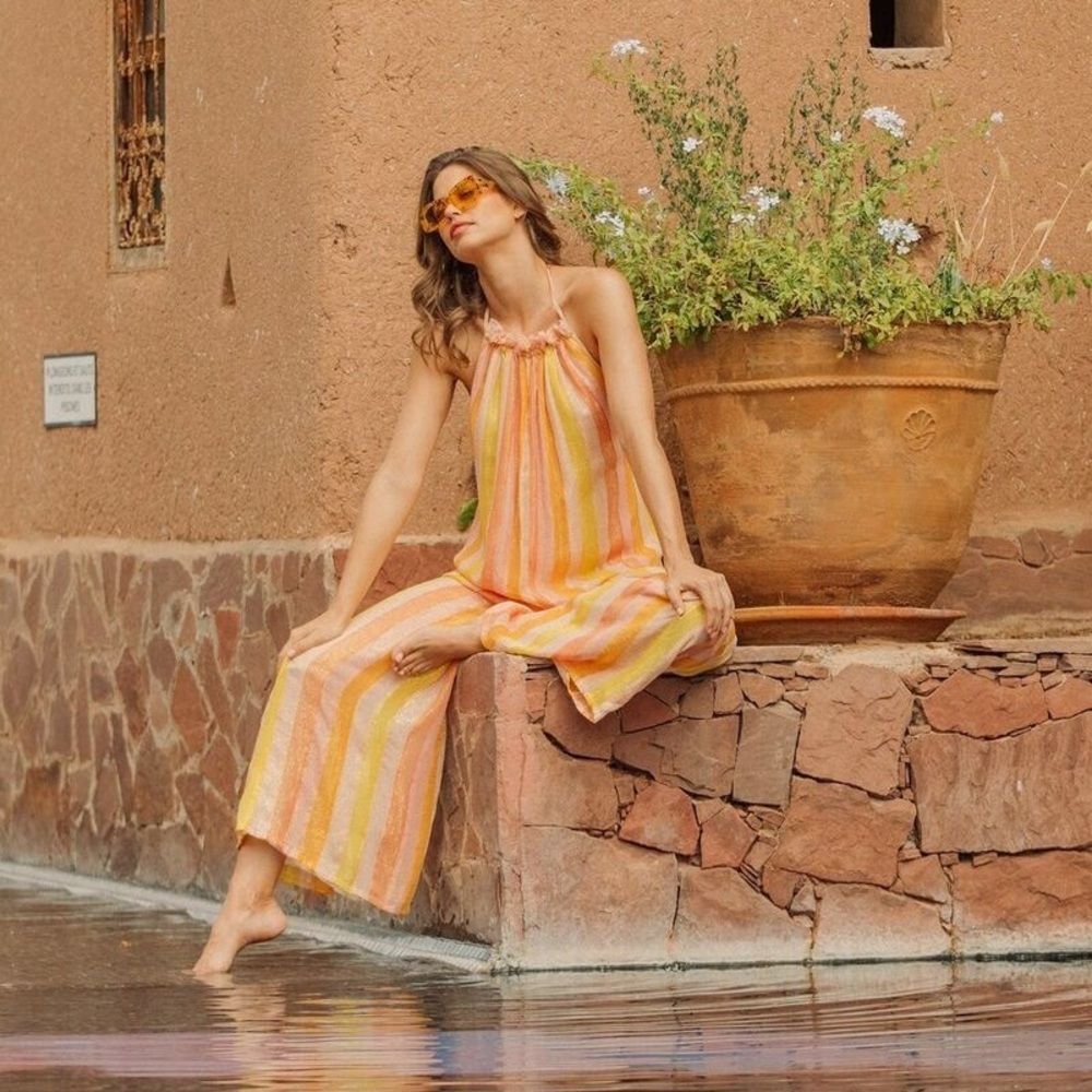NWT Anthropologie  “Sundress” Sophie Jumpsuit Marbella Mix Peach Sz L/XL